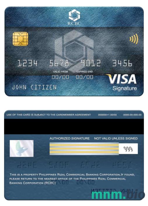 Philippines Rizal Commercial Banking Corporation (RCBC) visa podpis karta przykład w formacie PSD